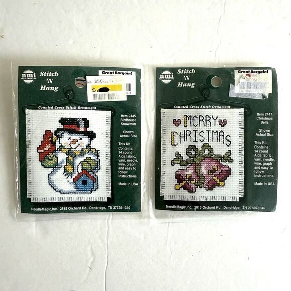 Lot of 4 Mini Stitch 'N Hang Counted Cross Stitch Ornament Kits Snowmen Bunny - Picture 4 of 5